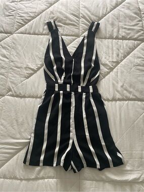 Dynamite Black and White Striped V-Neck Romper
